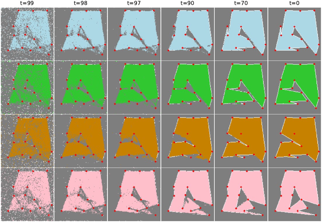 Maximum Area Polygon Problem: denoising trajectory from noise to predicted polygons across multiple seeds.